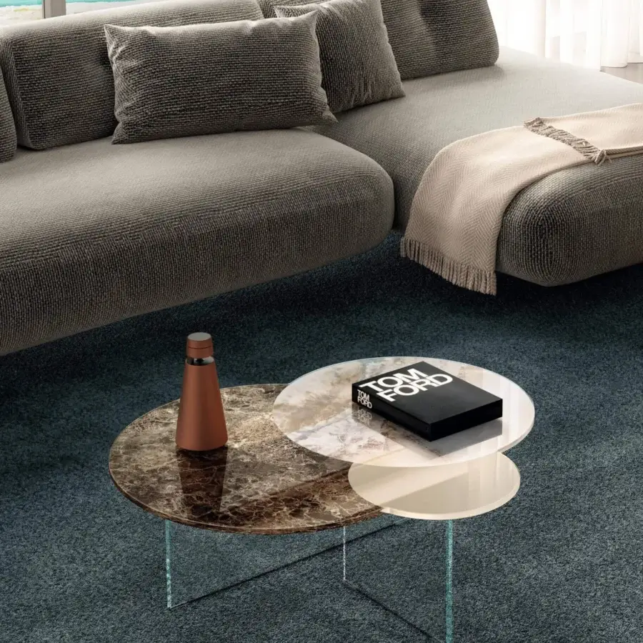 Exceptional Lago Blendie coffee table with XGlass top displaying marble-like textures in brown, off-white and beige hues with glass legs