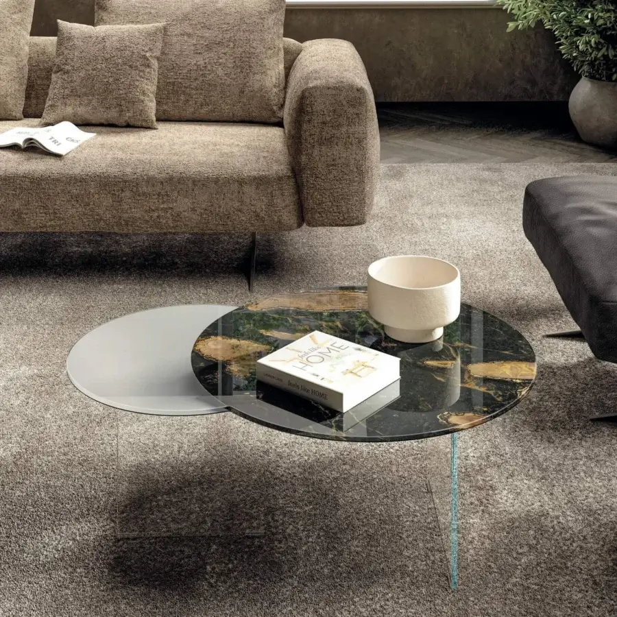 Captivating Lago Blendie coffee table crafted with blended XGlass displaying light gray matte and marble-patterned high-gloss surfaces with gold veining