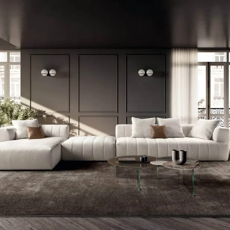 Distinguished Lago Blendie coffee table with blurred XGlass displaying gray tones and black veining in a matte finish