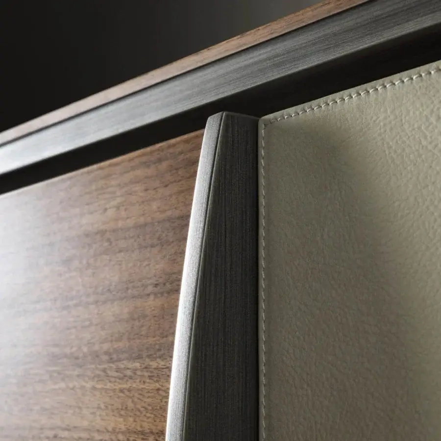 Distinguished OAK Noho sideboard with walnut wood doors and light grey nubuck leather panels in black chrome metal