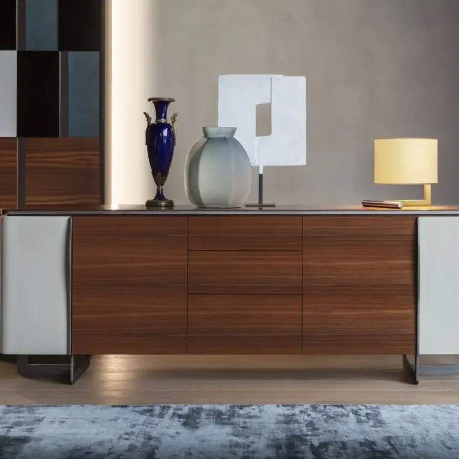 Exclusive OAK Noho sideboard with walnut wood central doors and nubuck leather, crafted in light gray with matte metal trim