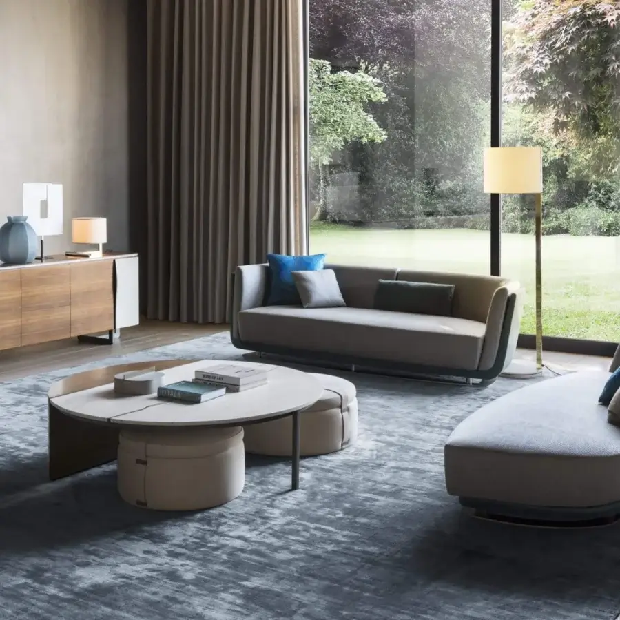 Elegant OAK Noho sideboard with walnut wood doors and nubuck leather, supported by black chrome metal feet