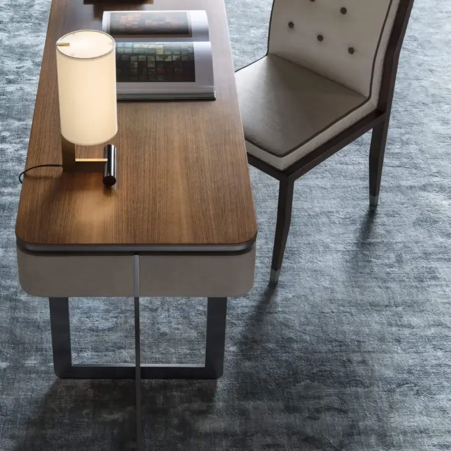 Elegant OAK Lexington console with walnut wood top and symmetrical details in nubuck leather with black chrome metal legs