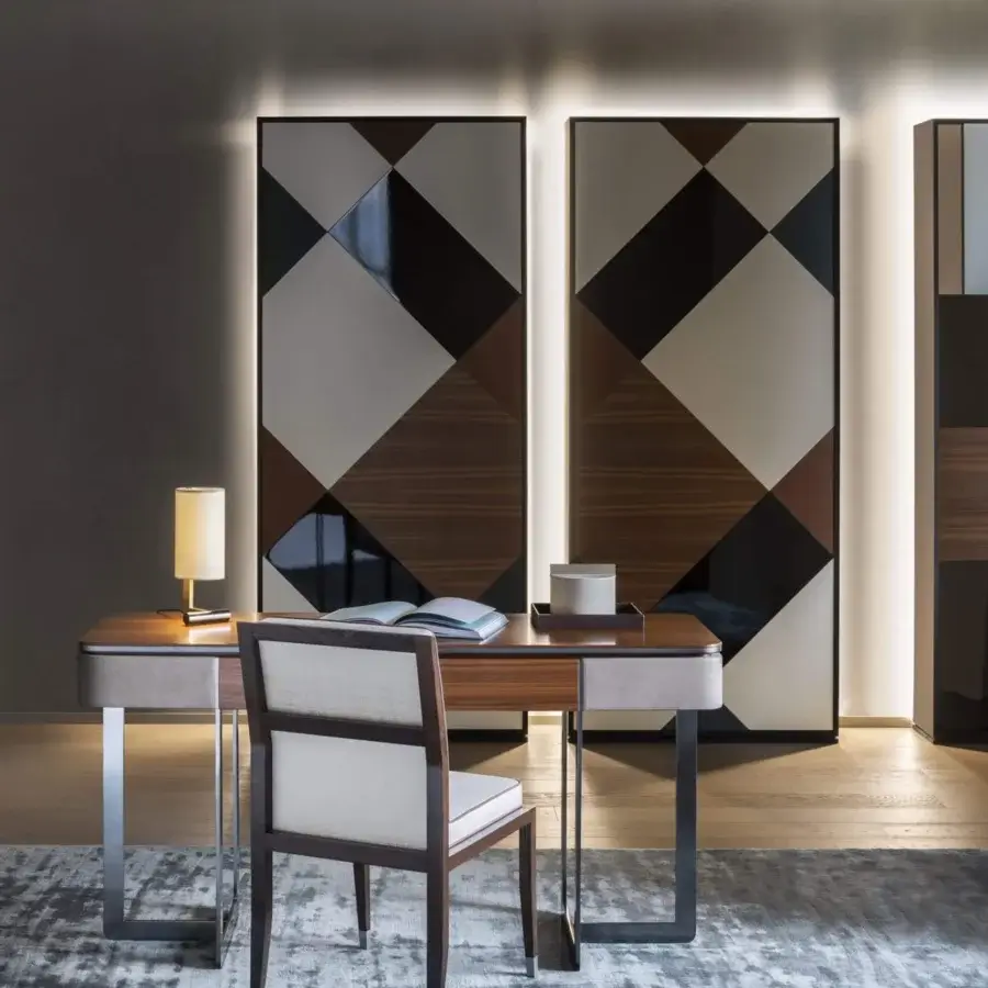 Exclusive OAK Lexington console with walnut wood top and symmetrical nubuck leather within a wooden frame and black chrome metal legs
