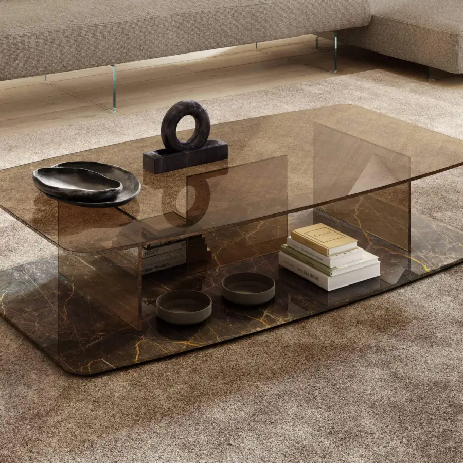 Distinguished Lago Layers coffee table with transparent glass surfaces and glossy marble-like patterned base in warm brown tones