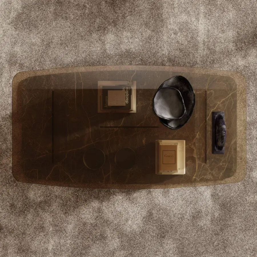 Architectural Lago Layers coffee table with differing glass surfaces and textured brown base in glossy marble finish