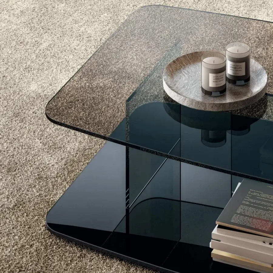 Captivating Lago Layers coffee table with transparent glass surfaces and a dark glossy lower shelf
