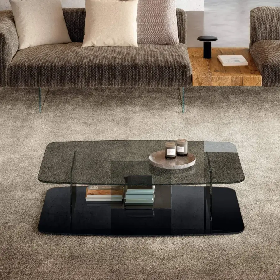 Superior Lago Layers coffee table with differing transparent glass levels and a glossy black shelf built in Italy