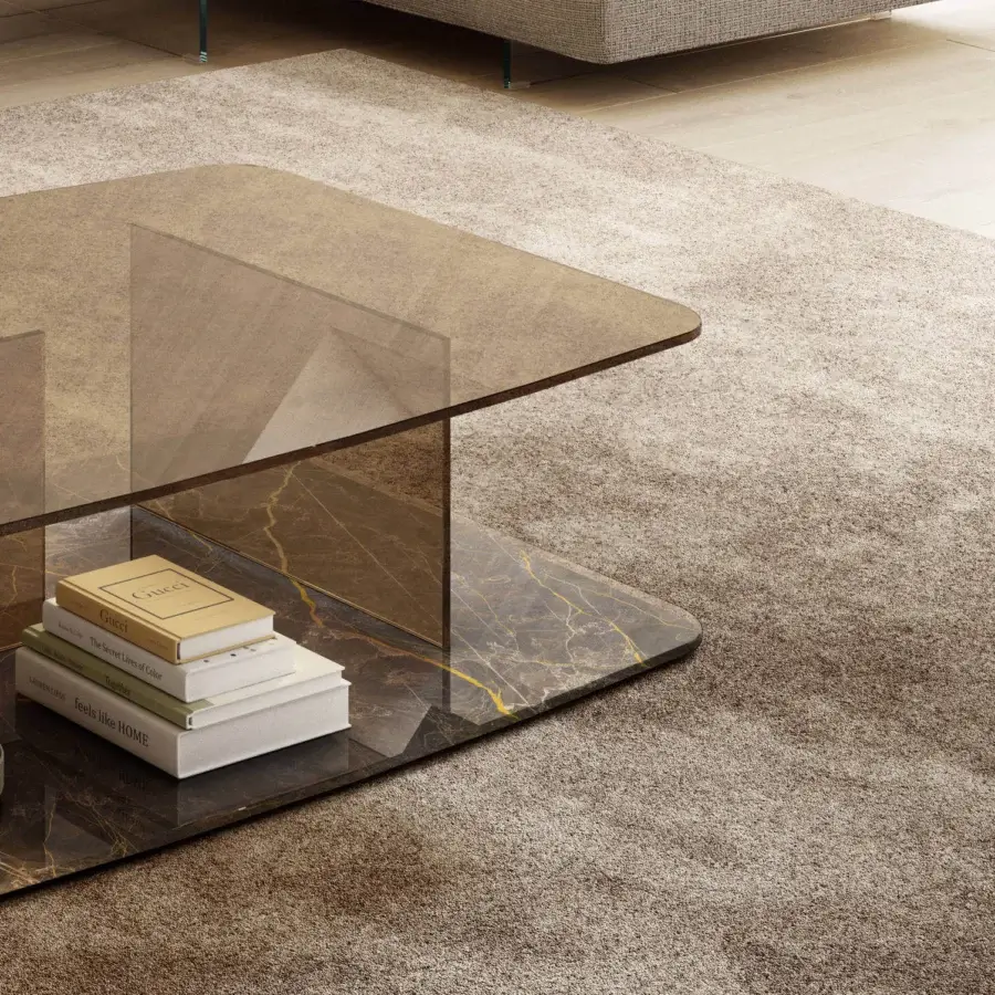 Distinguished Lago Layers coffee table with dual glass surfaces and a dark brown marble base exhibiting gold veining