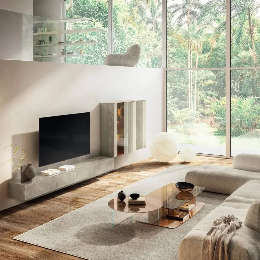 Distinguished Lago Layers coffee table with layered glass surfaces and textured light copper-bronze base crafted in Italy