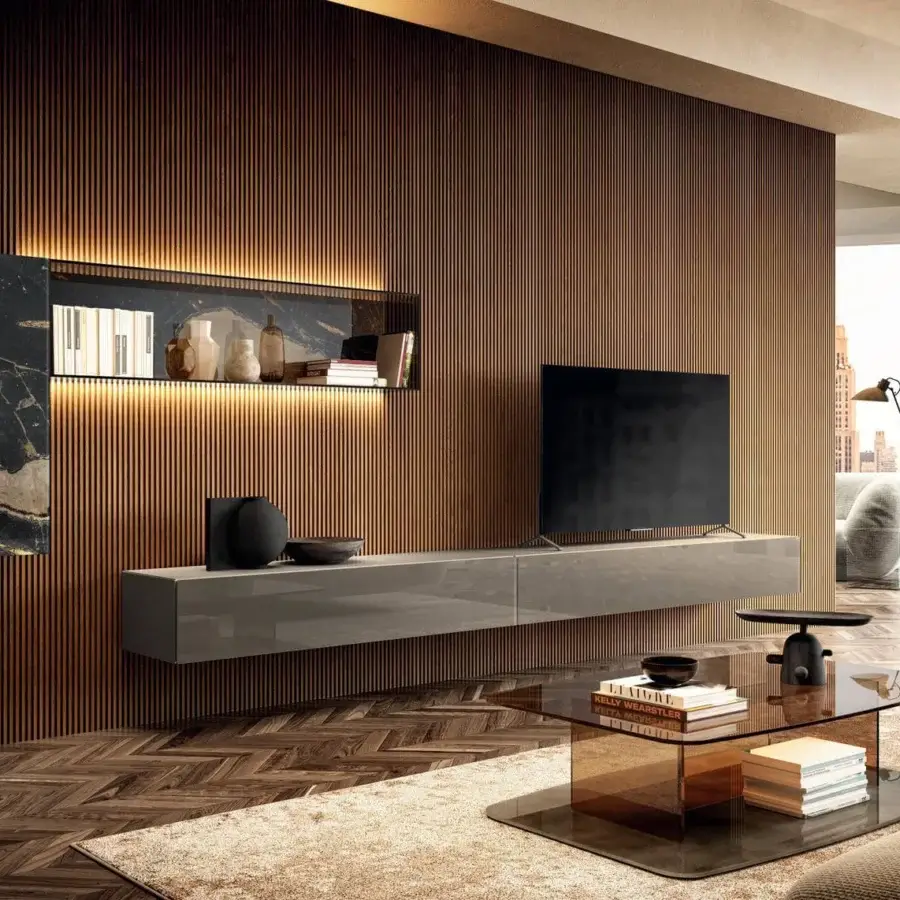 Superior Lago Layers coffee table with translucent brown glass surfaces and internal layered shelves built for display
