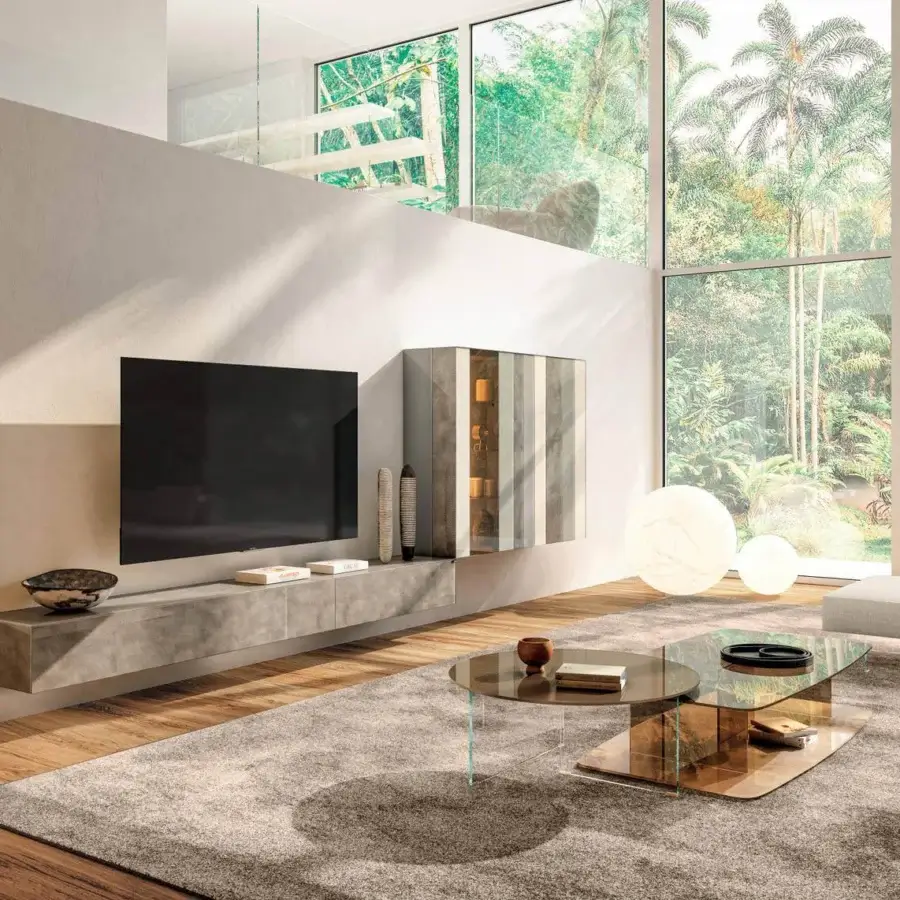 Architectural Lago Layers coffee table with transparent glass surfaces and textured brownish lower tier crafted in Italy
