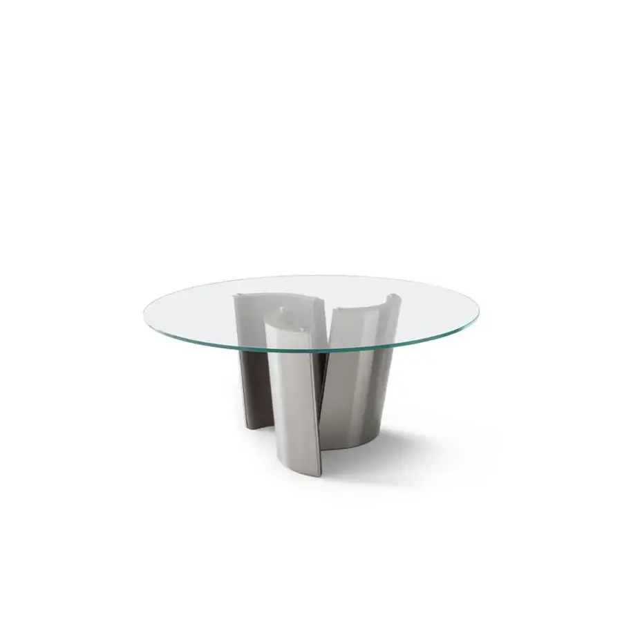 Distinguished OAK Madison table with a light grey glass tabletop and swirling glossy pillars built for a subtle chromatic contrast