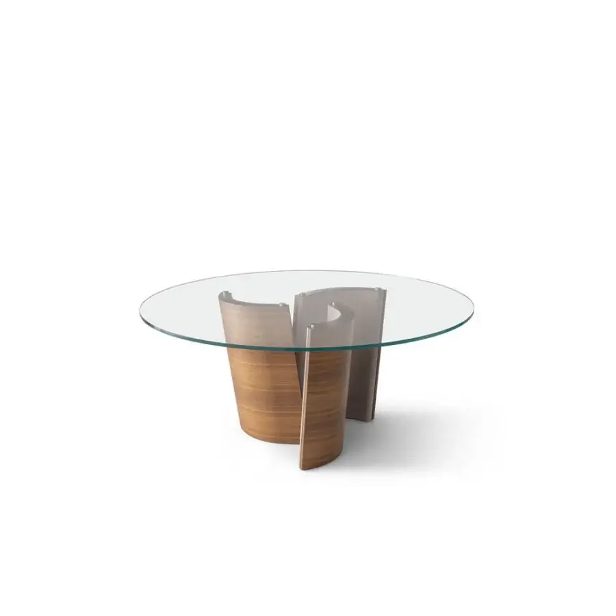 Exceptional OAK Madison table crafted in light-toned wood with a transparent glass top and three curved supports