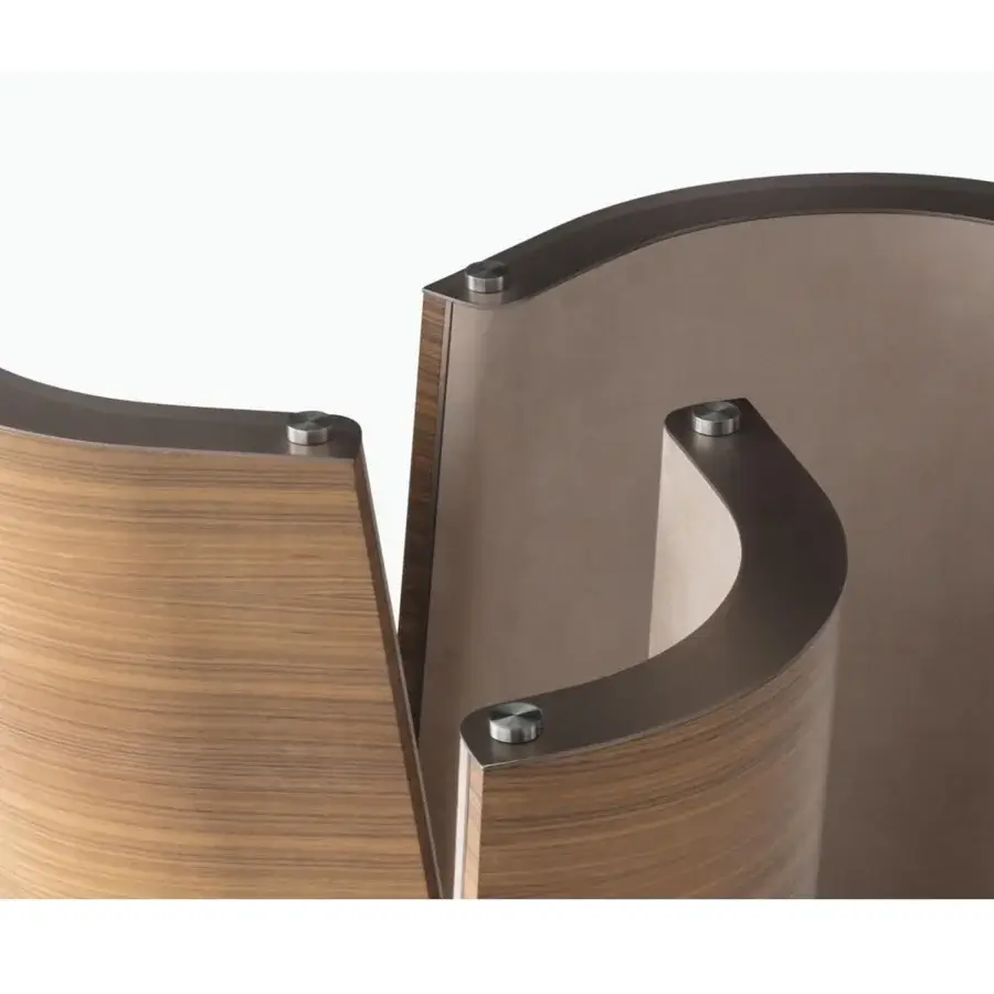 Elegant OAK Madison table crafted with medium brown wood, light tan textile and matte metal banding with visible fasteners