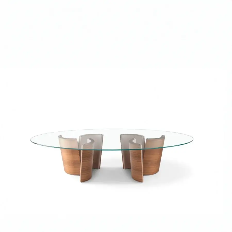 Distinguished OAK Madison table with clear glass top and warm medium-brown curved wooden bases in matte finish