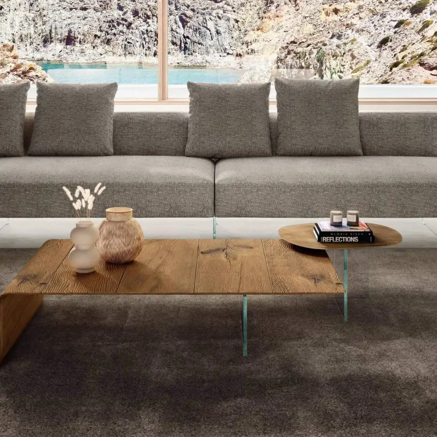 Superior Lago Lean coffee table with wafer-thin solid oak top and curved edge built with tempered glass support in a medium-toned brown finish