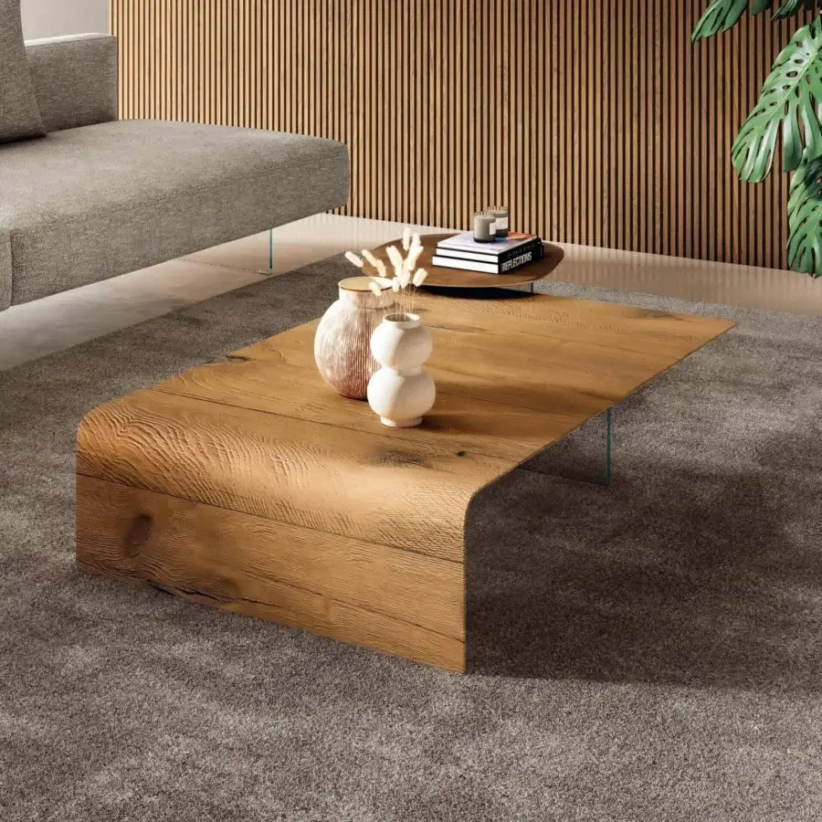 Exceptional Lago Lean coffee table with a hundred-year-old Wildwood top and barely-there tempered glass support crafted in Italy