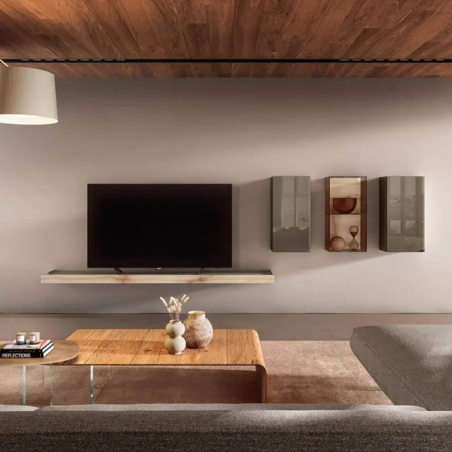 Distinguished Lago Lean coffee table with a medium brown Wildwood top and barely there tempered glass support in a matte finish