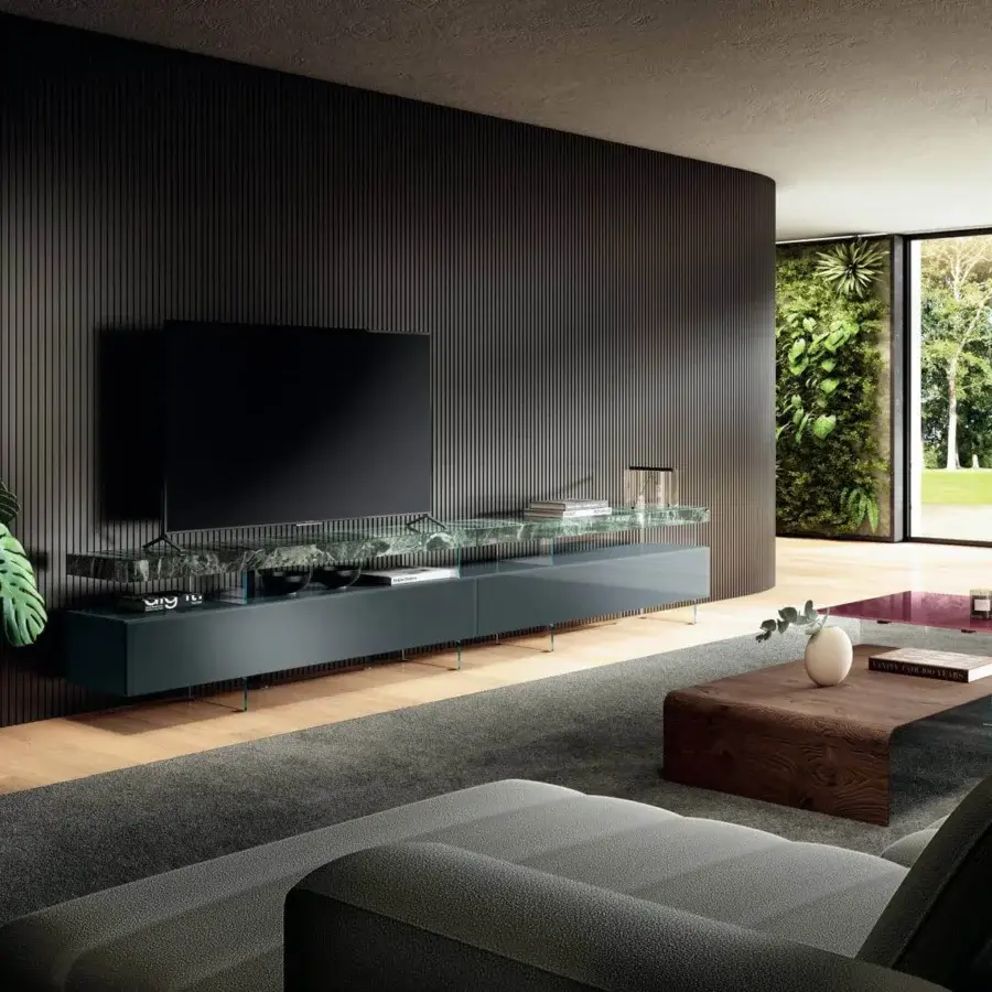 Superior Lago Lean coffee table crafted with medium-toned brown Wildwood and transparent tempered glass for a contemporary design