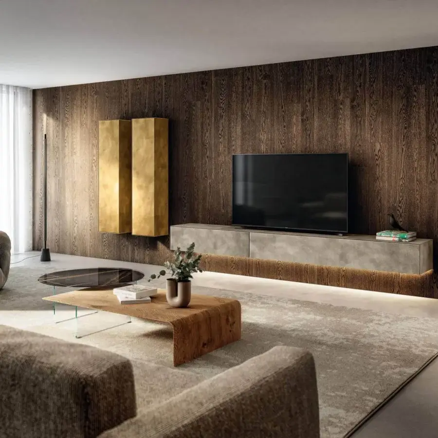 Elegant Lago Lean coffee table with a medium-brown Wildwood top and barely-there tempered glass support crafted in Italy