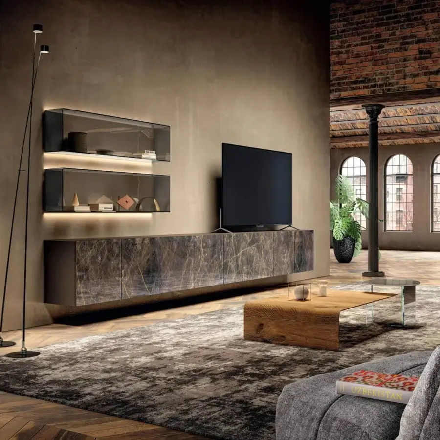 Exceptional Lago Lean coffee table crafted with medium-brown Wildwood and a solid oak top in tempered glass support