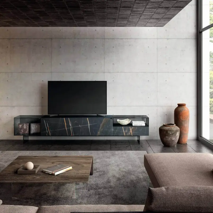 Elegant Lago Lean coffee table crafted with dark brown Wildwood and nearly invisible tempered glass support