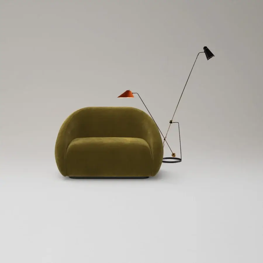Superior LaCividina Apper lounge chair with embracing organic form, muted olive green textile upholstery and seamless construction