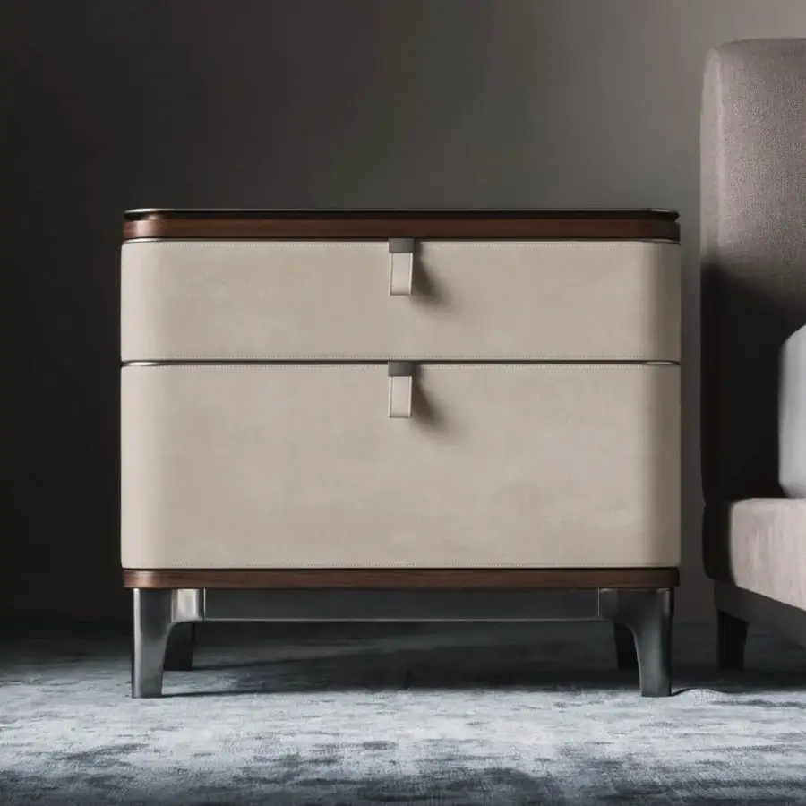 Elegant OAK Chelsea nightstand with dark brown wood, light beige drawers and black chrome painted top built with nubuck leather handles