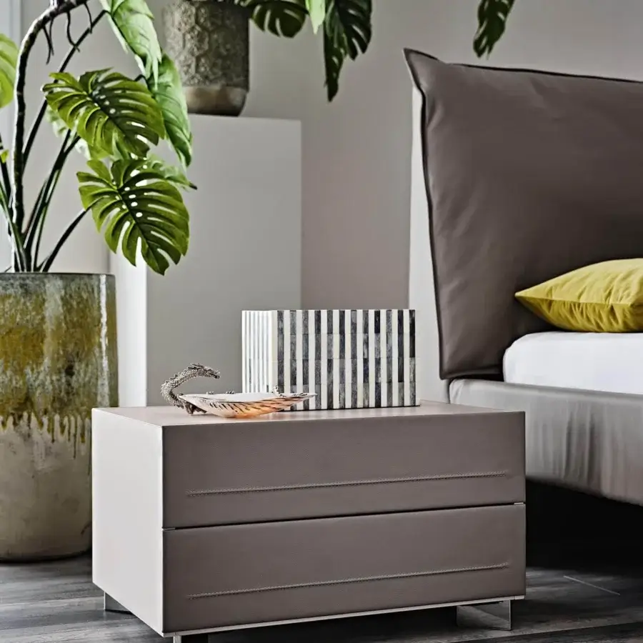 Distinguished Cattelan Italia Dyno nightstand with taupe eco-leather and matte finish presents two drawers supported by square metal legs