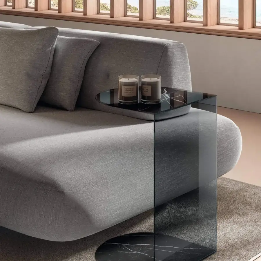 Exceptional Lago Tell side table with a transparent glass panel connecting a dark, subtly veined top and base