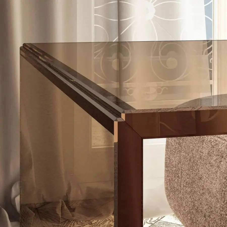 Superior Lago Tell side table crafted in Italy with alternating see-through glass and brown textured XGlass finishes