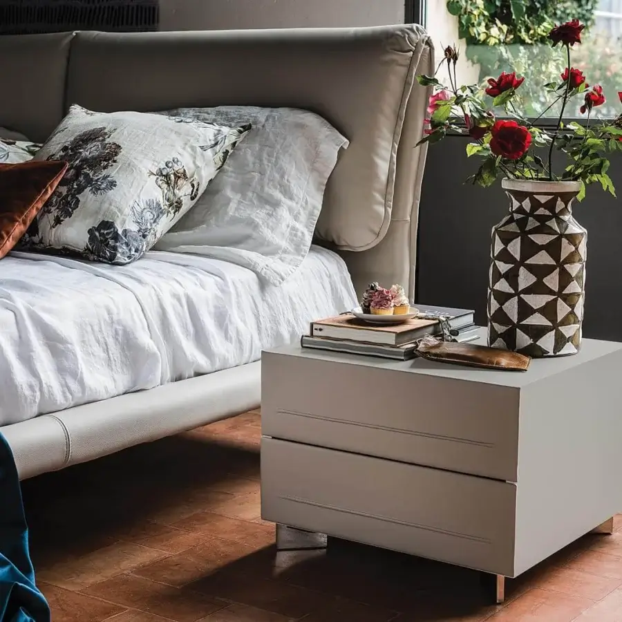 Exceptional Cattelan Italia Dyno nightstand with light gray geometric form and stitched leather fronts presents a refined design