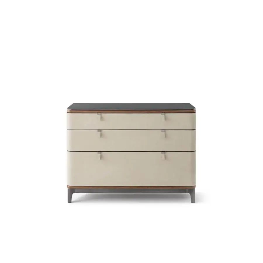 Captivating OAK dresser with three wide drawers, light beige wrapping, dark grey top and warm wood-toned frame built with delicate lines