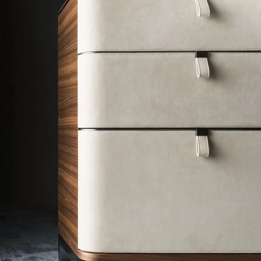 Distinguished OAK Trinity dresser with three wide drawers, glossy wood tone and creamy synthetic drawer fronts with dark trim accents
