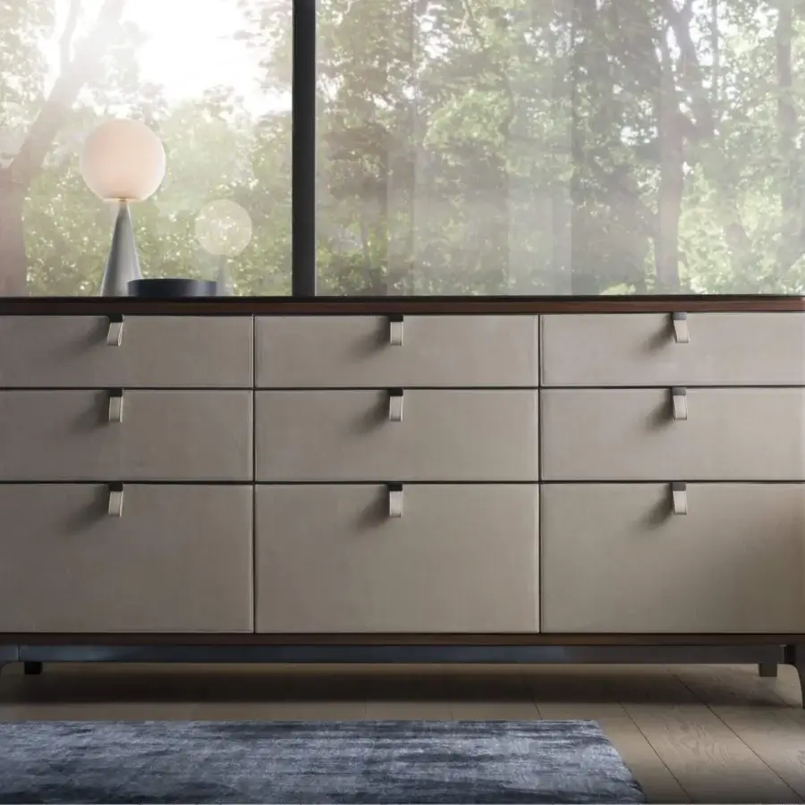Sophisticated OAK Saint Paul dresser with delicate lines, light beige synthetic drawers and dark brown finished wood frame