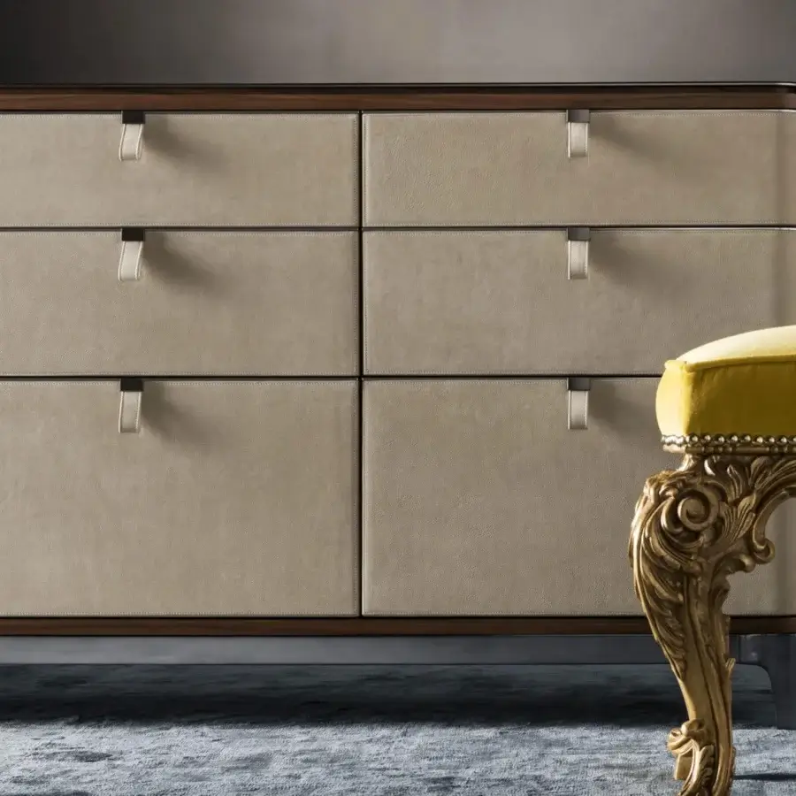 Superior OAK Saint Paul dresser with soft beige leather drawer fronts and dark brown finished wood trim