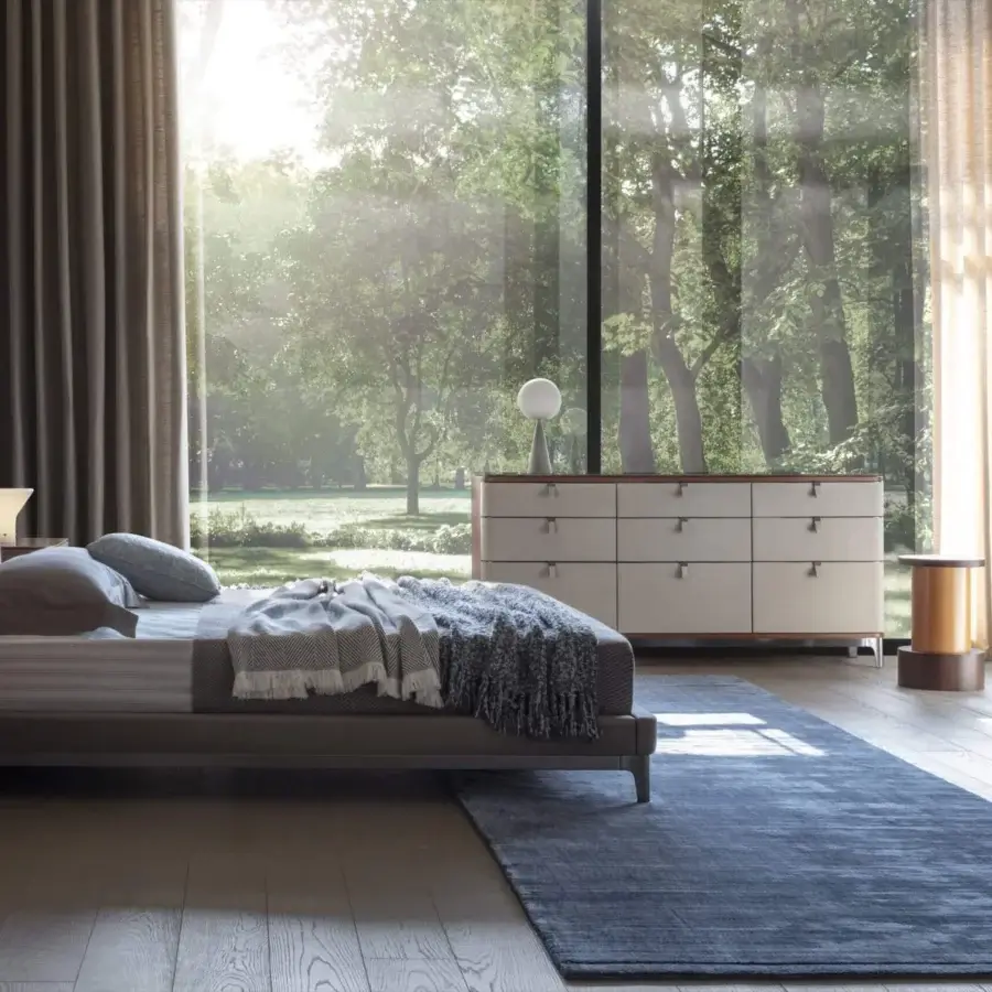 Elegant OAK Saint Paul dresser with nine drawers in light cream and dark wood, built with soft leather accents and a matte finish