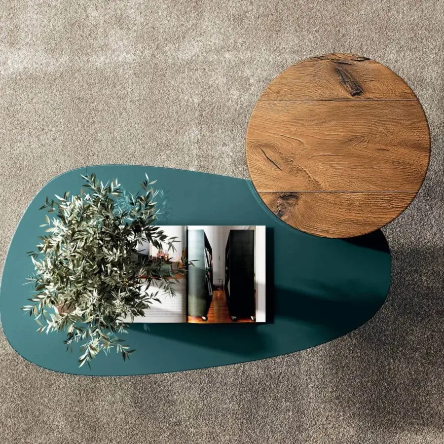 Exceptional Lago Pleasure coffee table with kidney-bean and circular surfaces in teal and warm brown tones with glass legs