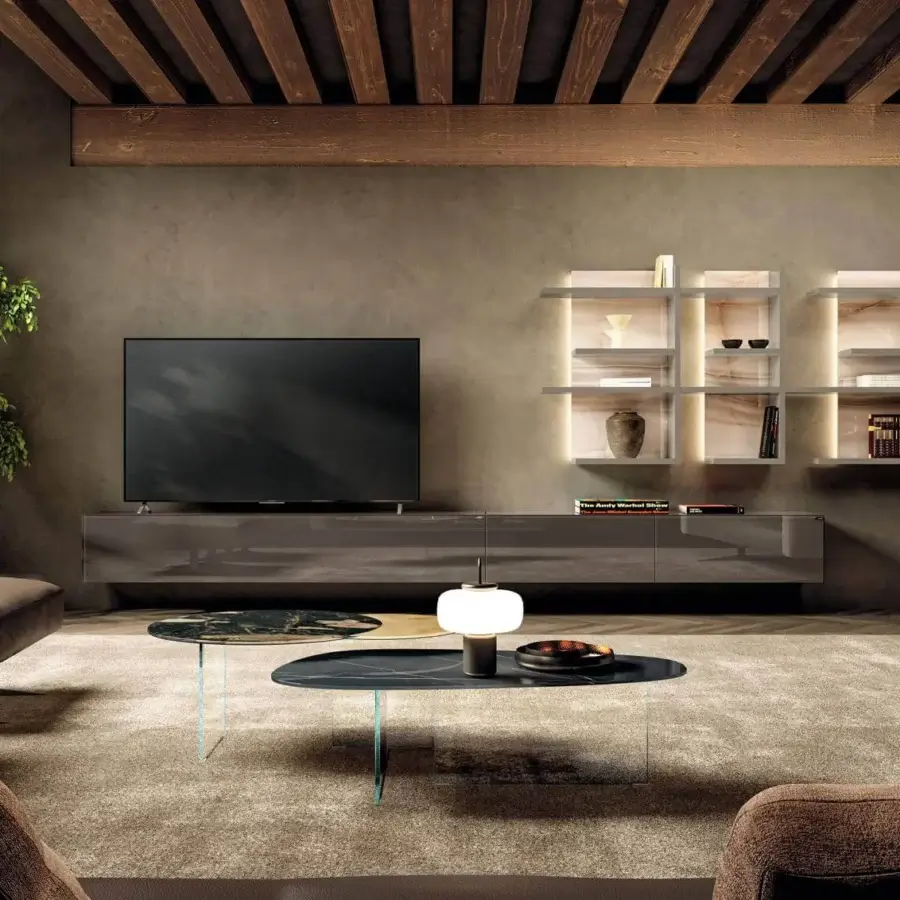 Superior Lago Pleasure coffee table with irregular curved forms in glossy black and lighter stone-like surfaces with XGlass finish