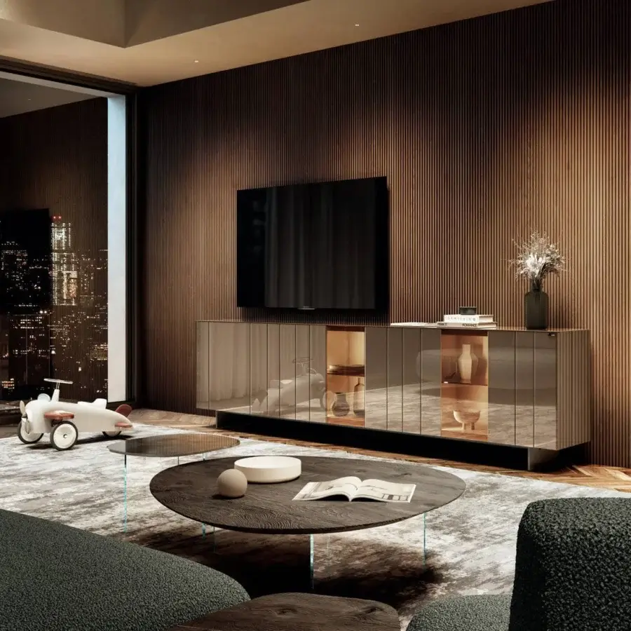 Superior Lago Pleasure coffee table with irregular curved tops in dark-toned wood and transparent glass legs