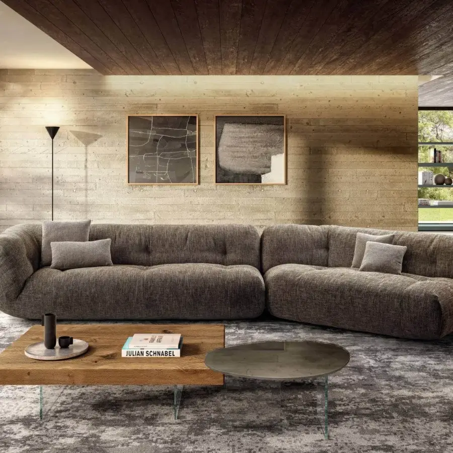 Elegant Lago Pleasure coffee table with organically shaped wooden tops and clear glass legs in matte finish