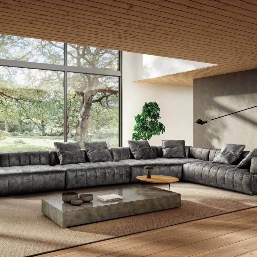 Distinguished Lago Pleasure coffee table with irregular curved forms in XGlass and matte gray finish with glass legs