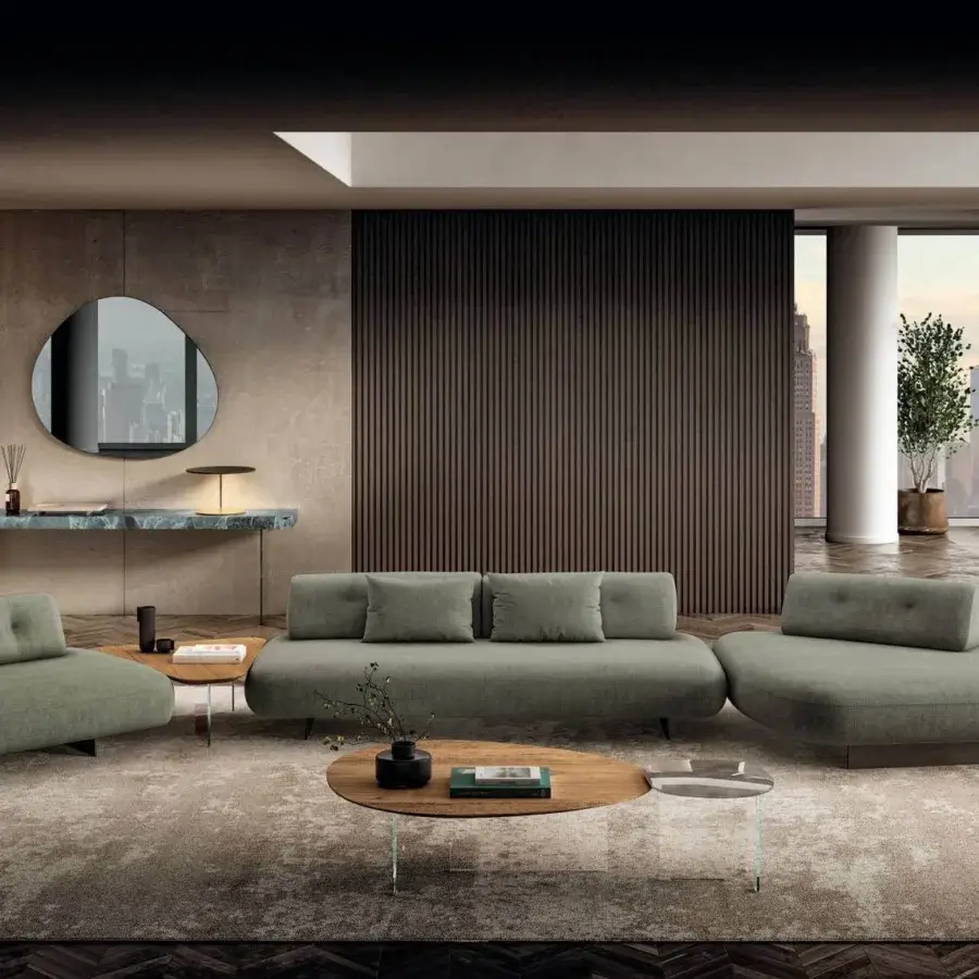 Exceptional Lago Pleasure coffee table with curved forms in wood and transparent glass, plus stone-patterned surface with matte finish