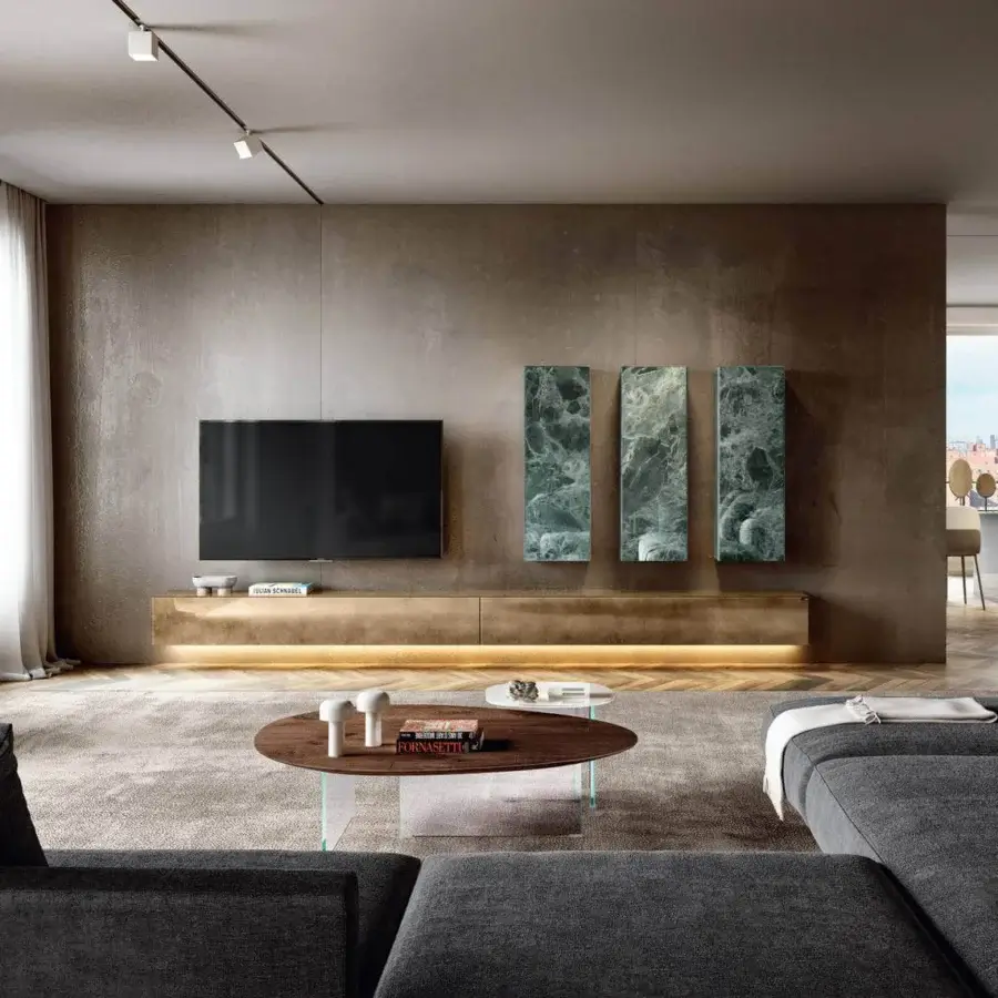 Superior Lago Pleasure coffee table with irregular curved forms in dark brown wood and transparent glass legs with glossy finish