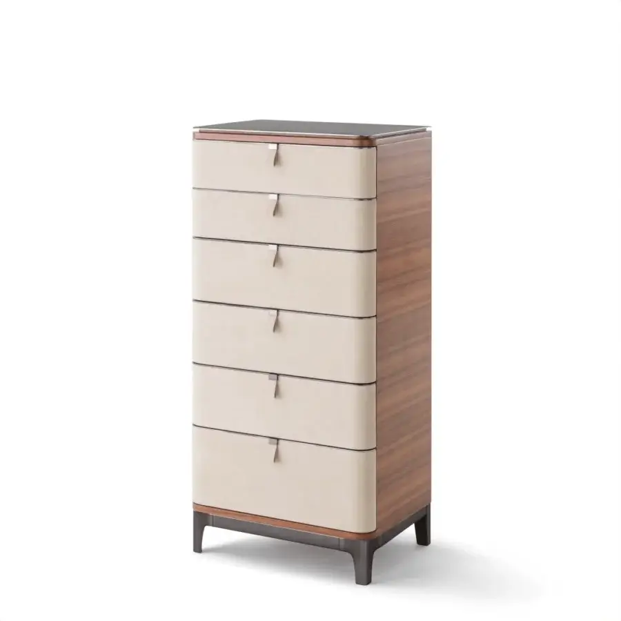 Distinguished OAK Empire dresser with stacked drawers covered in light cream nubuck leather and black chrome painted wooden feet