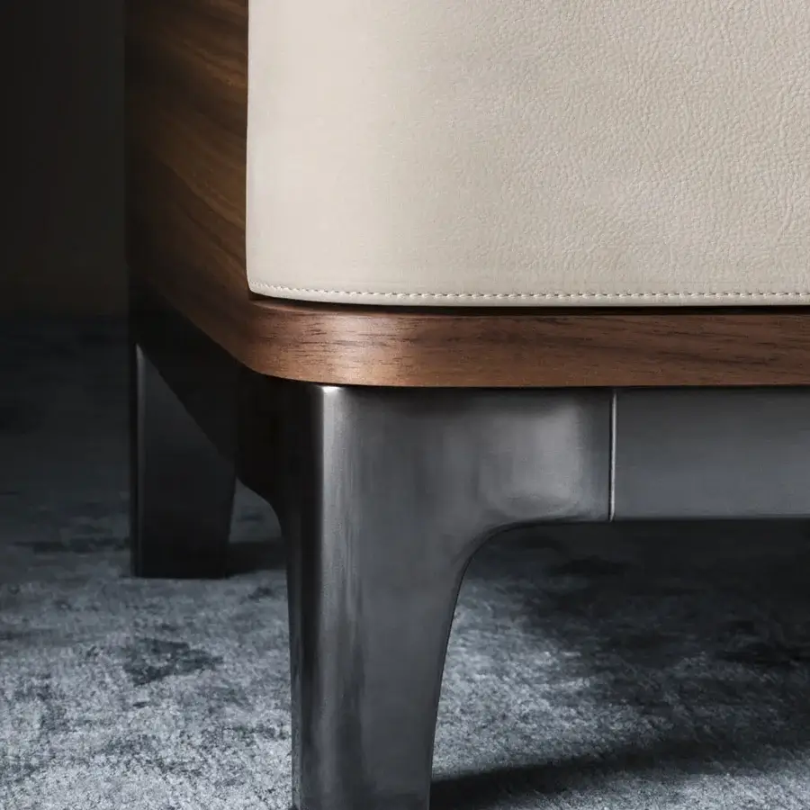 Superior OAK Empire dresser with light cream nubuck leather top and warm walnut wood built with black chrome painted feet and glossy finish