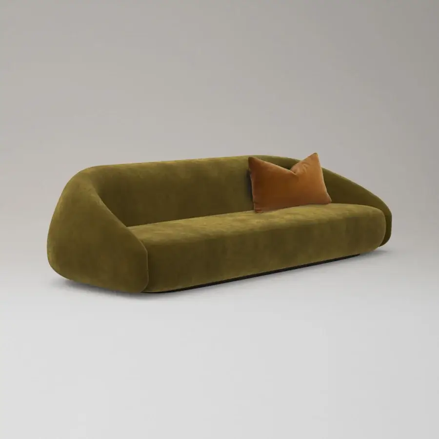 Distinguished LaCividina Apper sofa crafted with enveloping back and armrests in matte olive textile with a contrasting square cushion