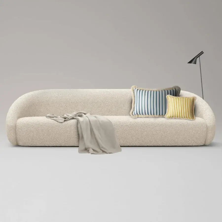 Exceptional LaCividina Apper sofa upholstered in textured beige fabric with striped blue/white and yellow/white pillows
