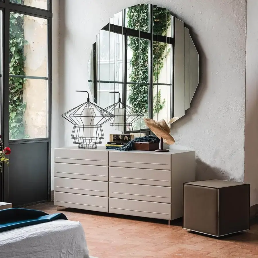 Distinguished Cattelan Italia Dyno dresser with beige leather fronts and thin metal legs presents refined bedroom storage